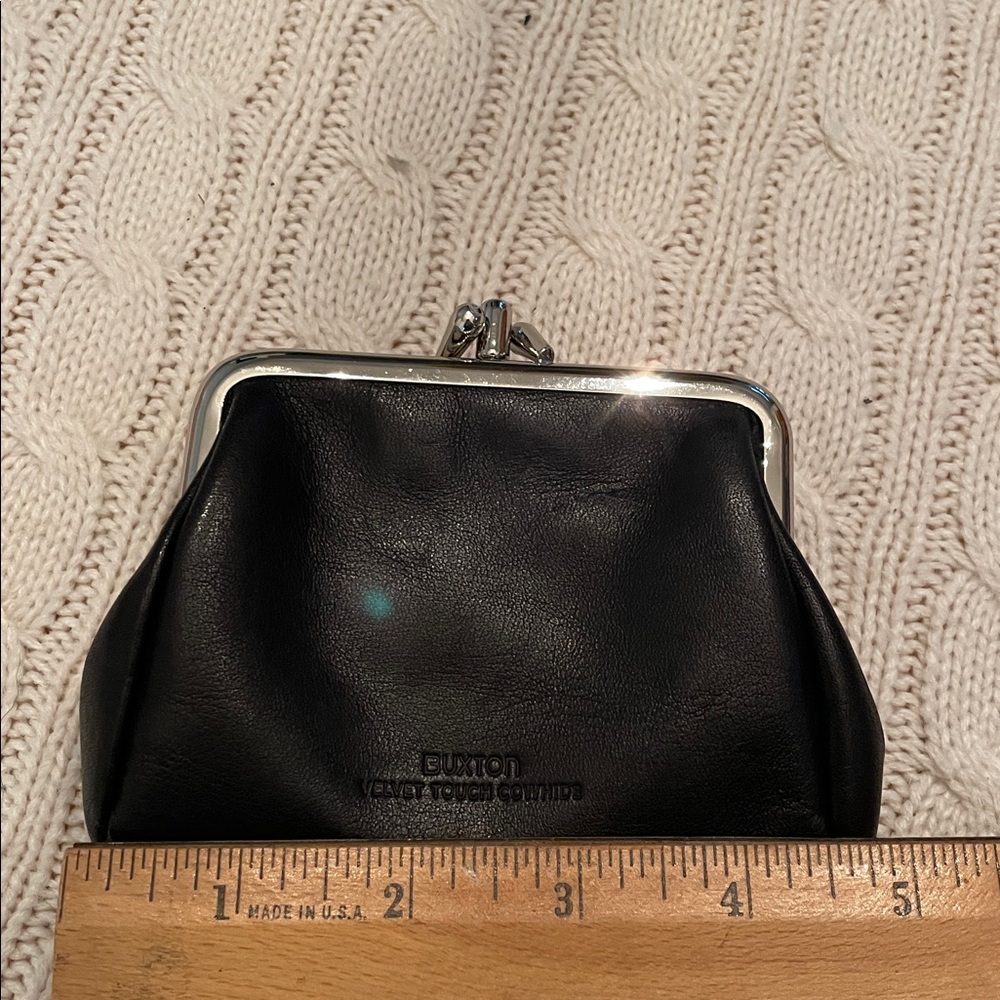 Buxton velvet touch cowhide black leather double clasp coin purse w/ side pocket - Picture 7 of 9